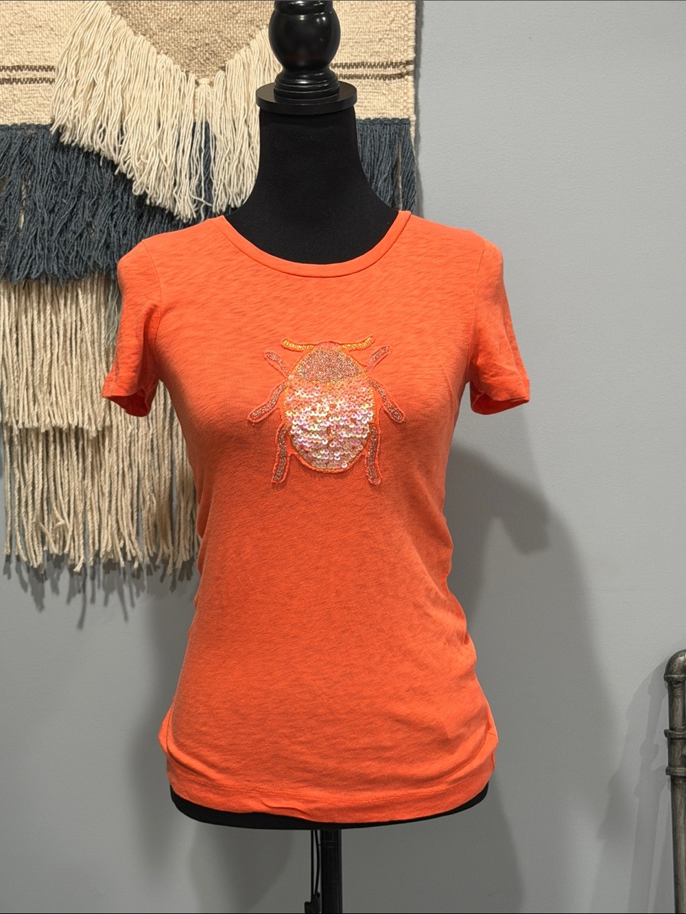 Last Days! J.Crew Small Coral Orange Embellished Sequin Beetle Graphic Tee